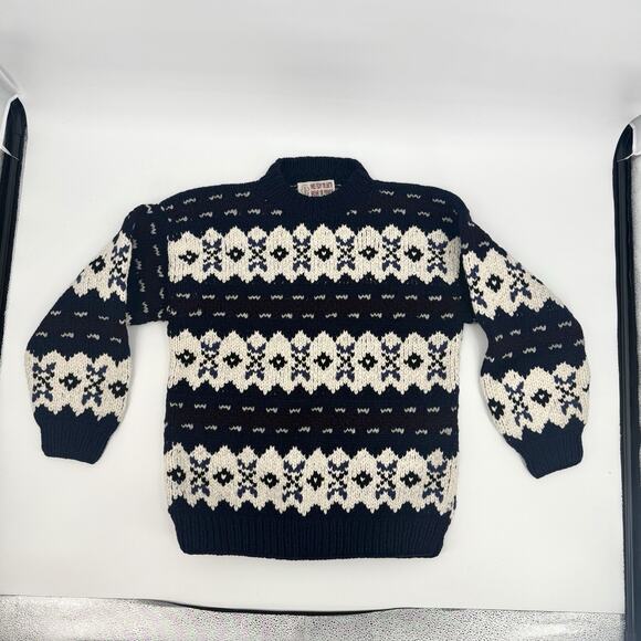Vintage Gypsy Rose Cream/Navy Long Sleeve Fair Isle Pullover Wool Sweater LG/XL - Picture 4 of 10